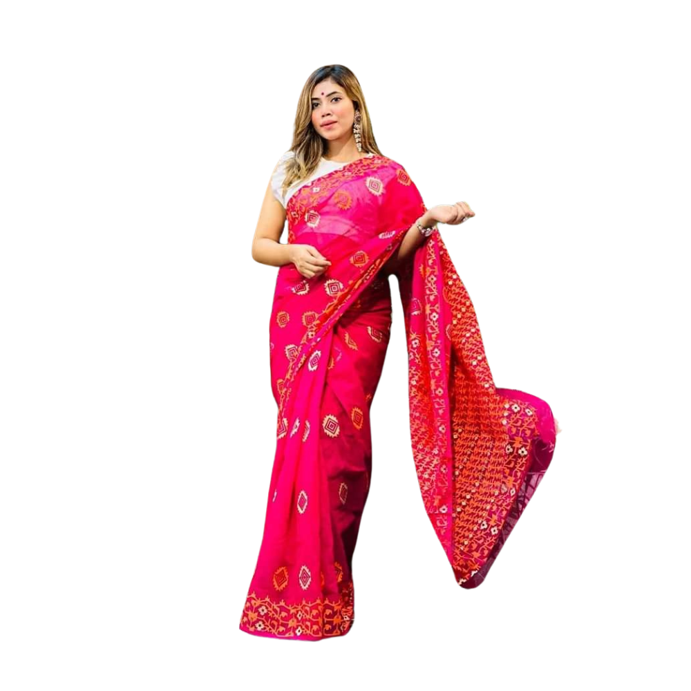 Skin Print Silk Cotton Saree For Women - Pink Red - SC30