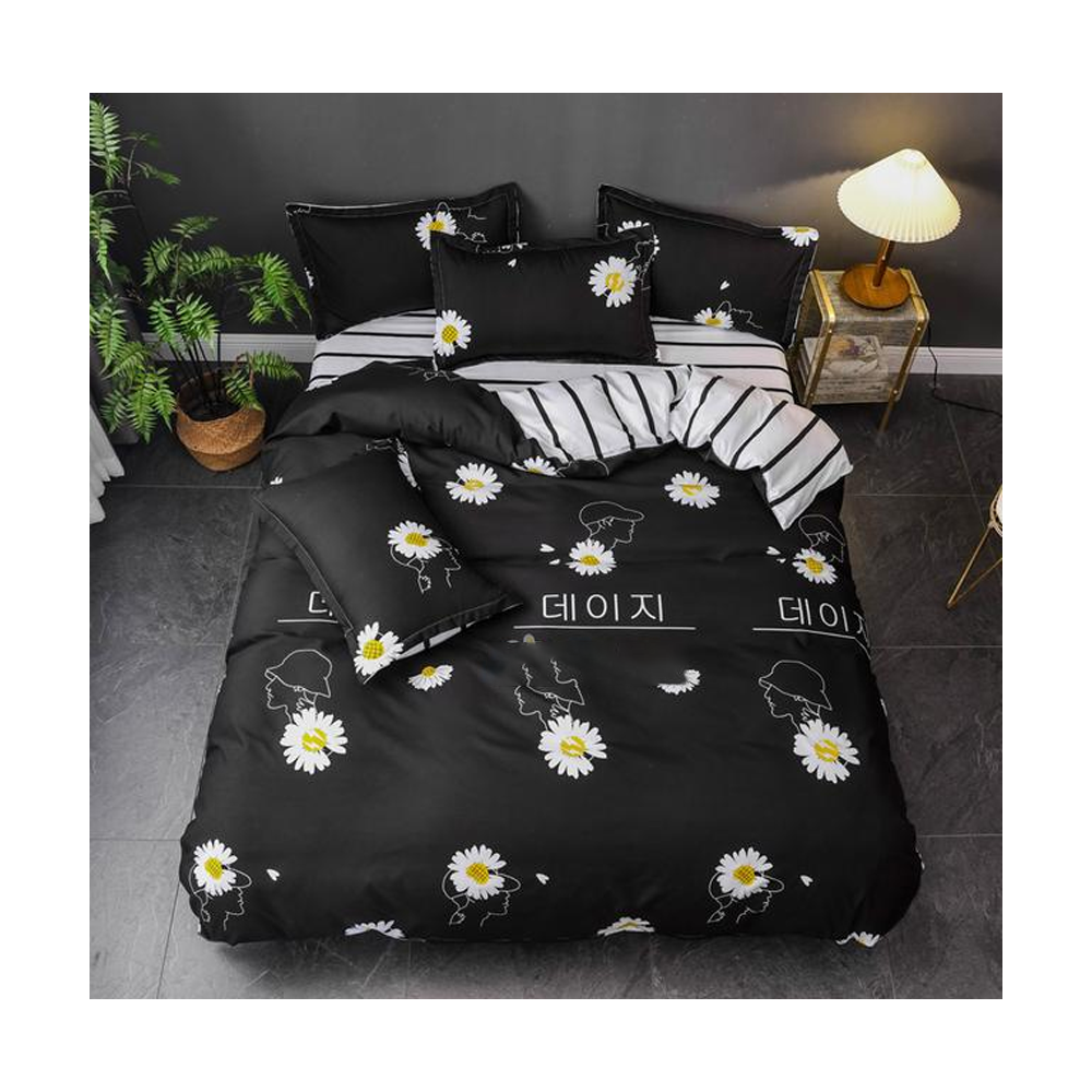  Aloe Cotton King Size White Floral Printed Bed Sheet Cover - 4 Pcs Set - Black