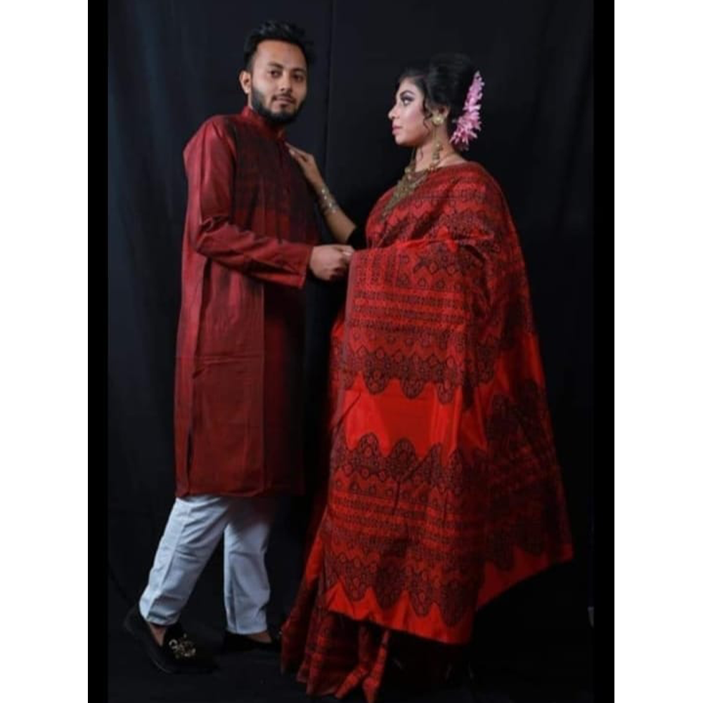 Dhupian Silk Saree and Dhupian Panjabi for Couple - Multicolor - HS-00103