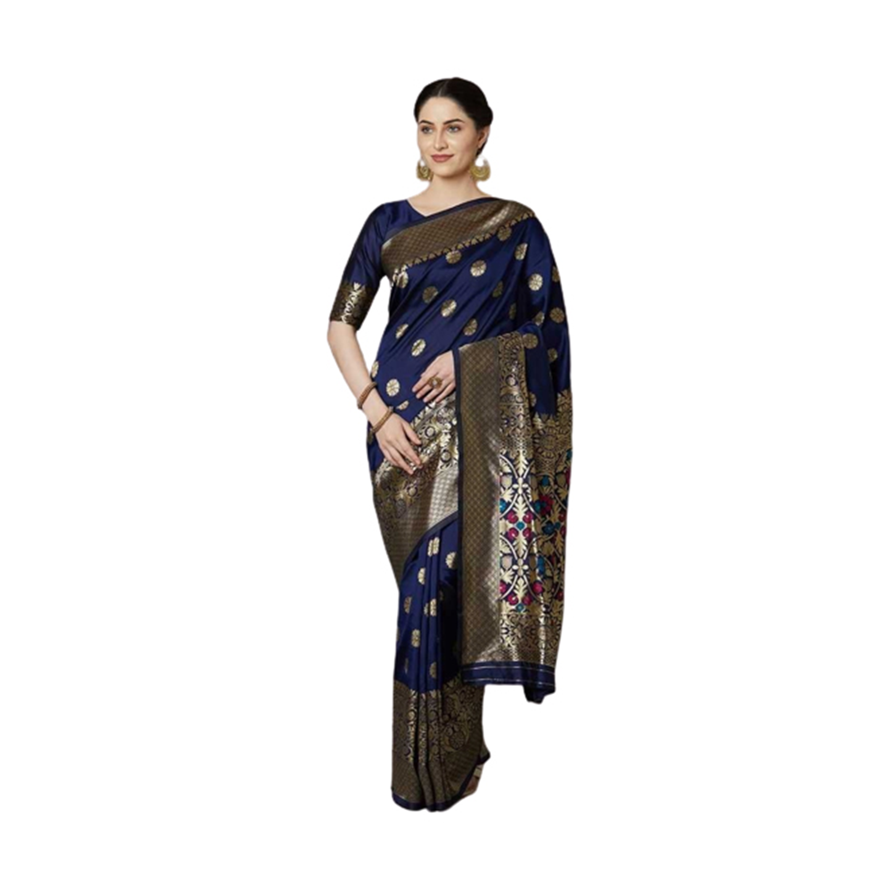 Silk Printed Saree With Blouse Piece - Navy Blue and Golden - SS-52