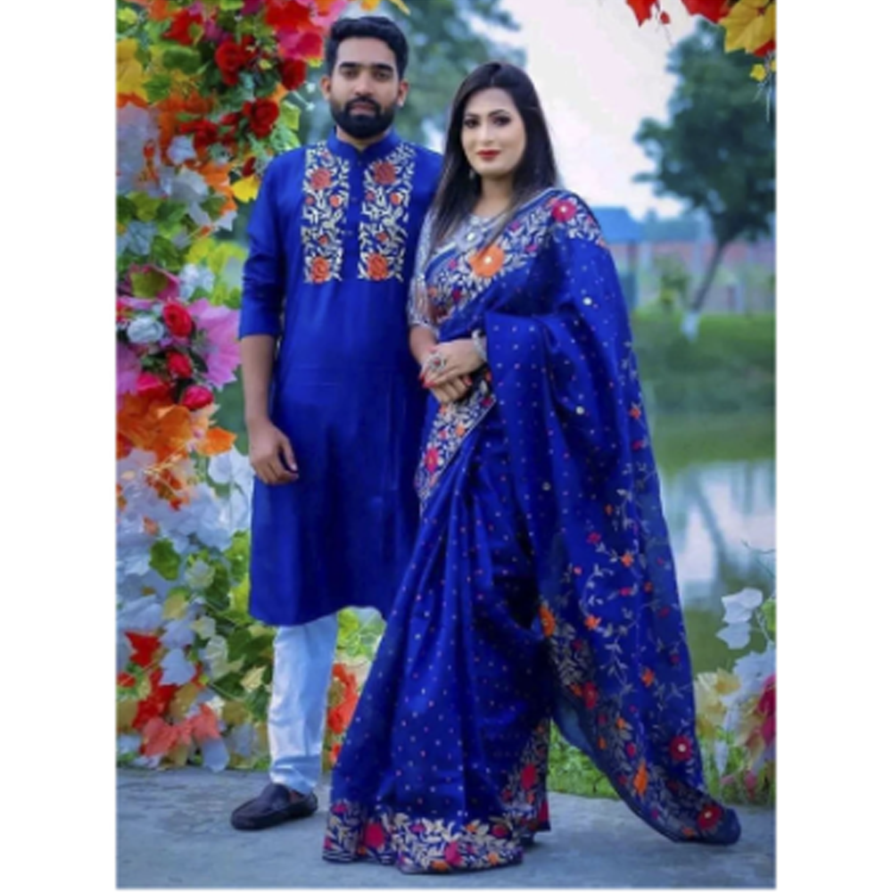 Half Silk Block Print Saree and Dhupian Cotton Panjabi Couple Set - Blue - 338