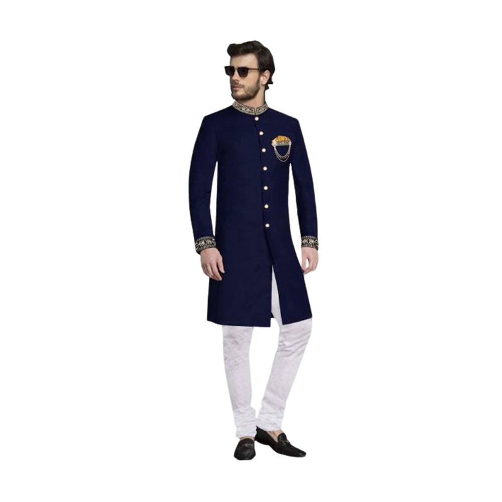 Cotton Embroidery Sherwani Panjabi With Pajama For Men - Navy Blue - PS-05