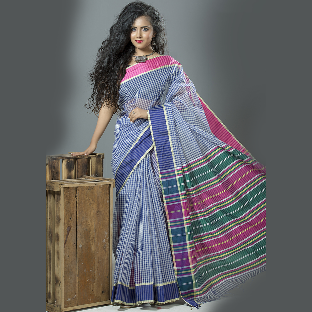 Half Silk Gamcha Check Saree with Blouse Piece For Women - Multicolor - MT-963