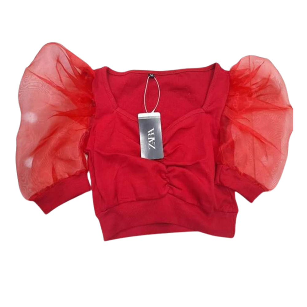 Cotton Half Sleeve Tissue Crop Tops and Blouse For Women - Red - TP-51