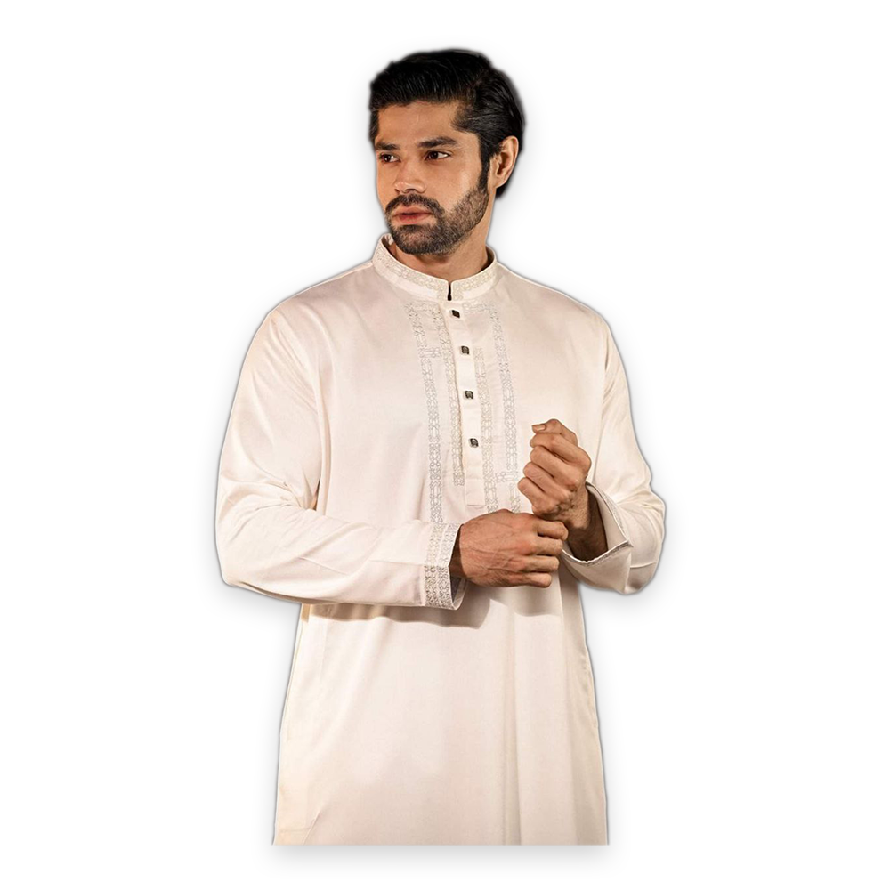 Cotton Embroidered Panjabi For Men - White - 2314