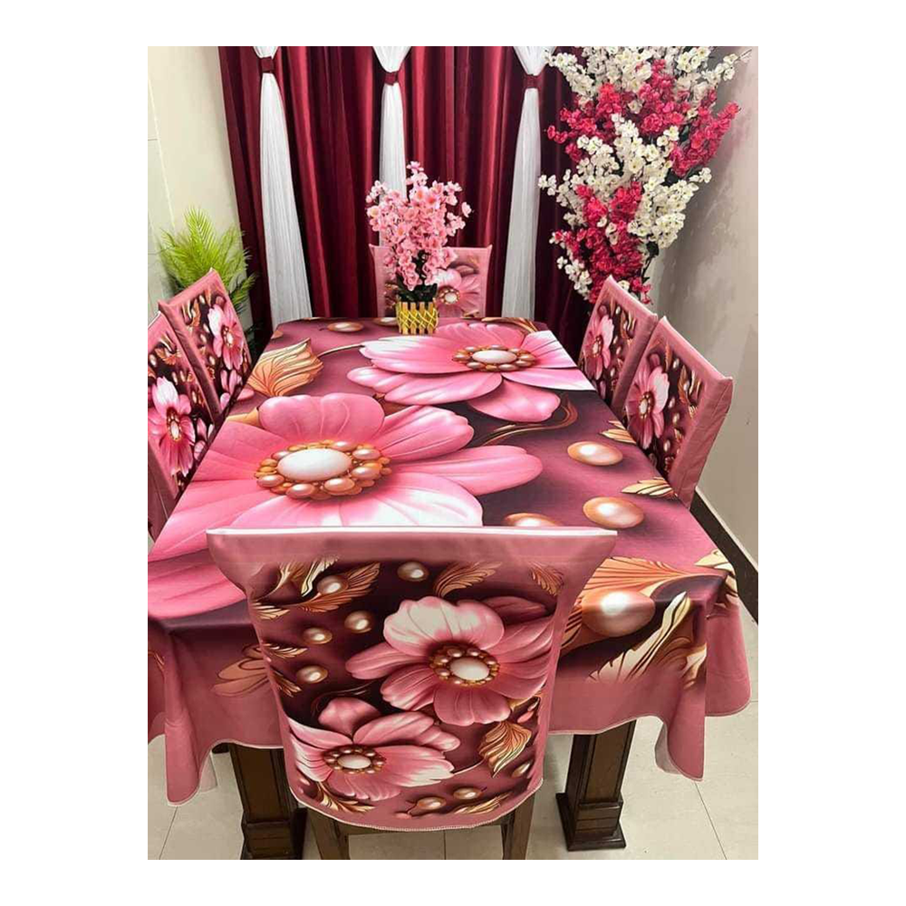 Soft Velvet 3D Print Premium 7 in 1 Dining Table Matt And Chair Cover Set - Multicolor - TC-117