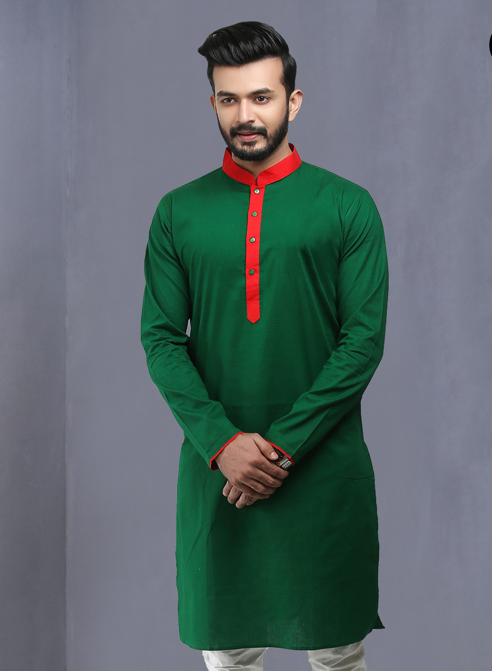 Dhupiyan Cotton Silk Victory Day Semi Long Panjabi For Men - Red Green