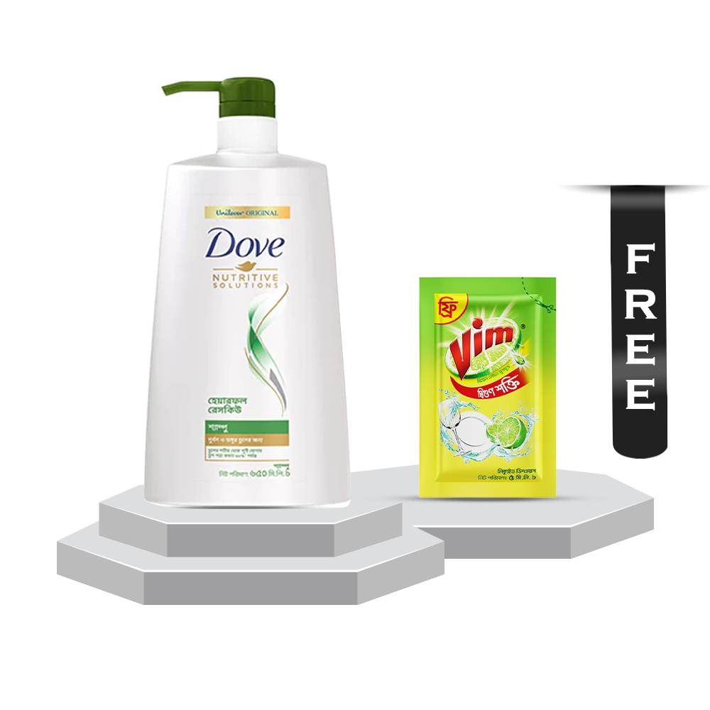 Dove Hairfall Rescue Shampoo - 650ml With Vim Liquid Dish Washer - 5ml Free