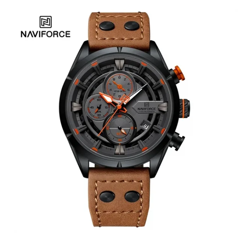 Naviforce 8045 Leather Strap Quartz Movement Watch for Men - Brown Black