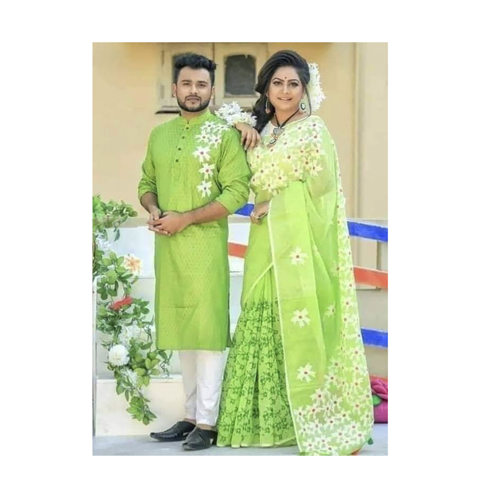 Gorgeous Half Silk Saree and Dhupian Cotton Panjabi For Couple Set - Multicolor - BAN017