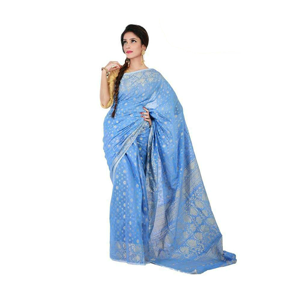 Half Silk Cotton Saree For Women - Sky Blue - A05