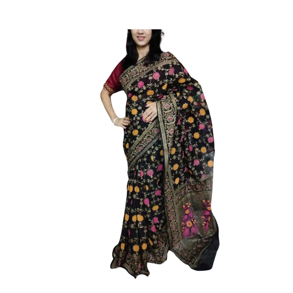 Skin Print Silk Cotton Saree For Women - Smoky Black - SC28