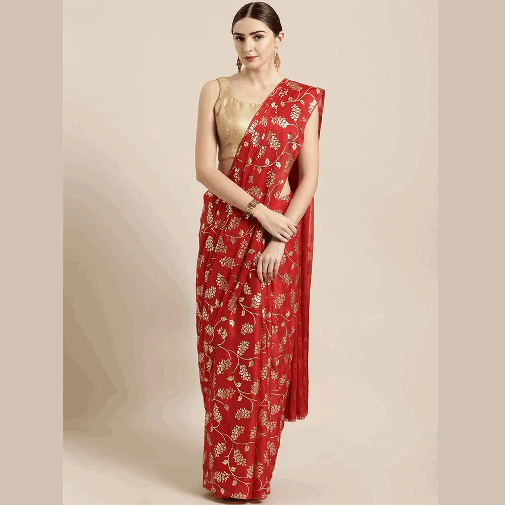 Silk Printed Saree With Blouse Piece For Women - Red