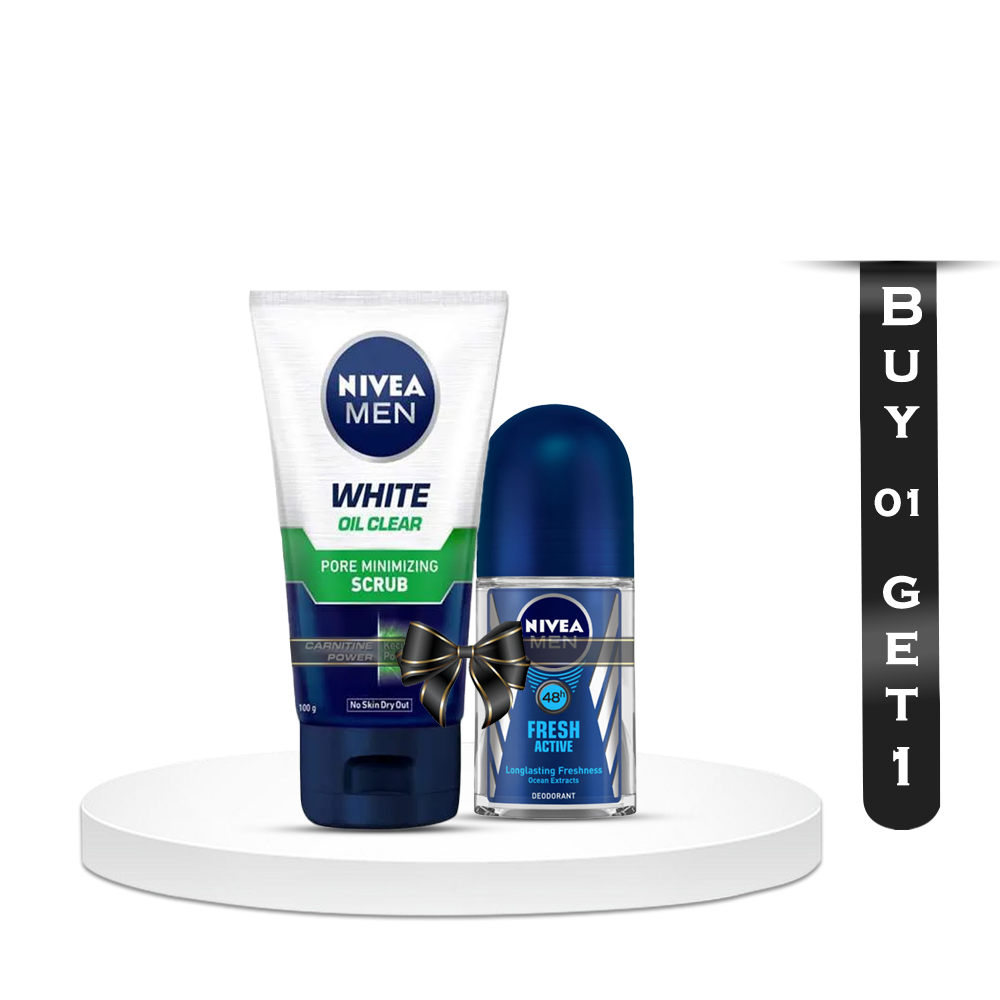 Buy Nivea Men Whitening Oil Control Facial Scrub Face Wash for Men - 100ml and Get Nivea Fresh Active Deodorant Roll On For Men - 50ml Free