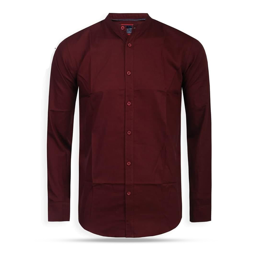 Oxford Cotton Full Sleeve Band Collar Shirt For Men - Maroon - OP06