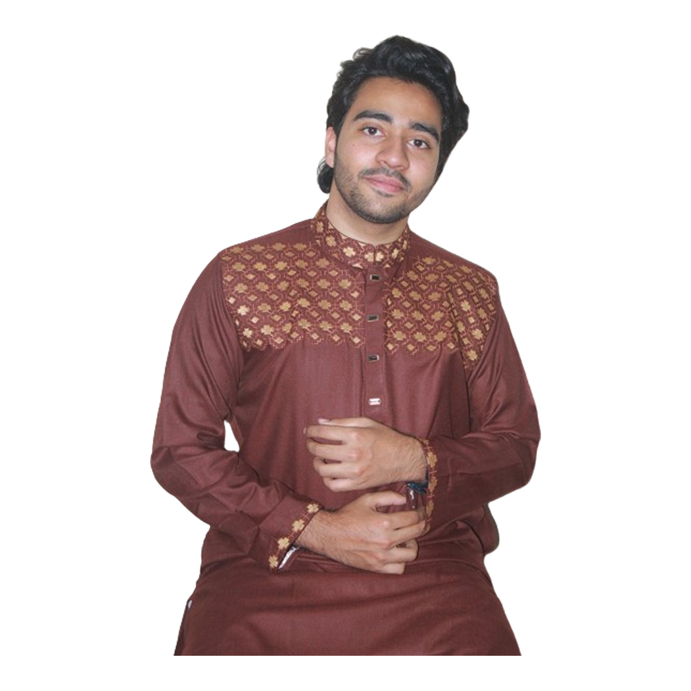 Tencel Cotton Embroidered Panjabi For Men - Chocolate