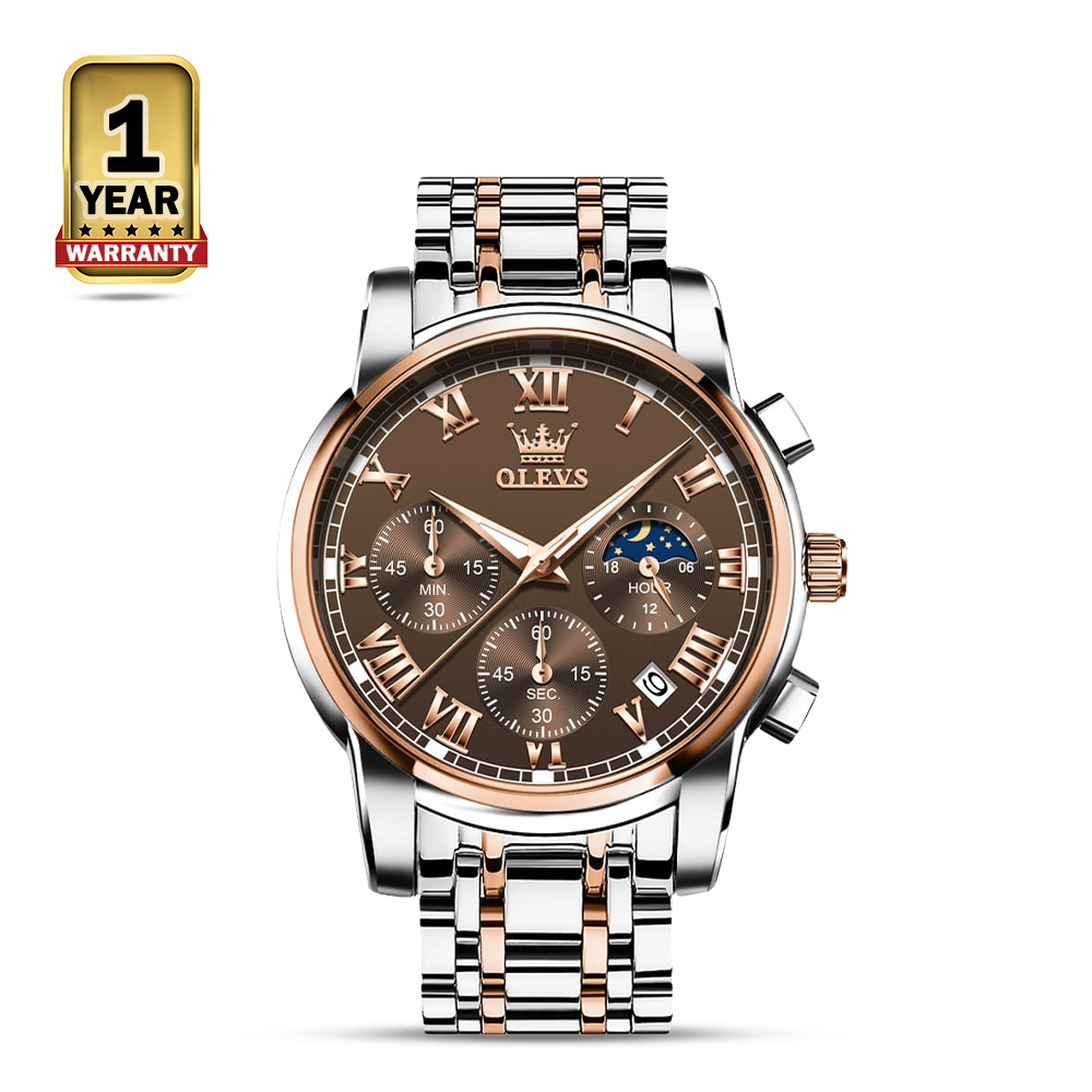 Olevs 2871 Stainless Steel Chronograph Watch For Men - Rose Gold and Silver