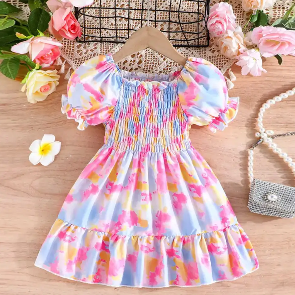 Linen Digital Print Party Dress Baby Dress For Girls - Pink - 1737