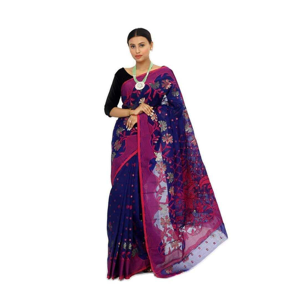 Resom Silk Jamdani Sharee for Women - Navy Blue and Magenta -  SR-01