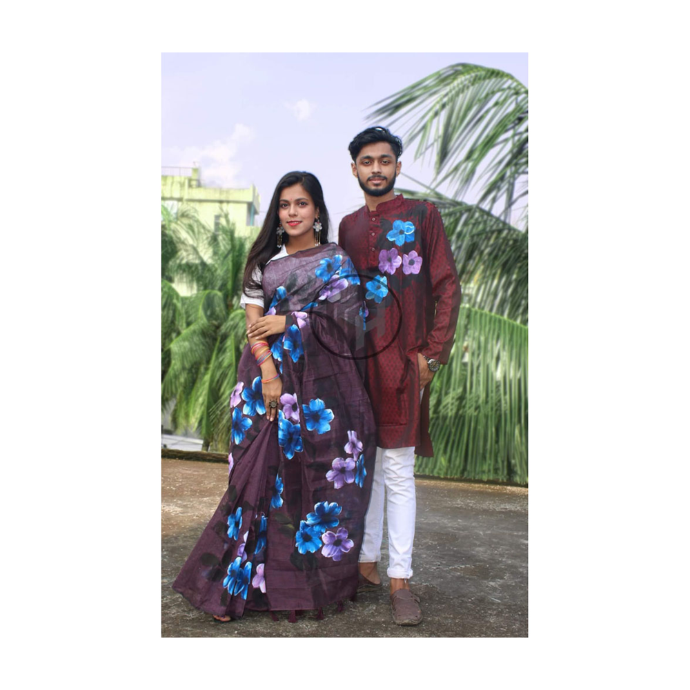 Hand Printed Half Silk Saree and Dhupian Silk Panjabi For Couple Set - BAN105