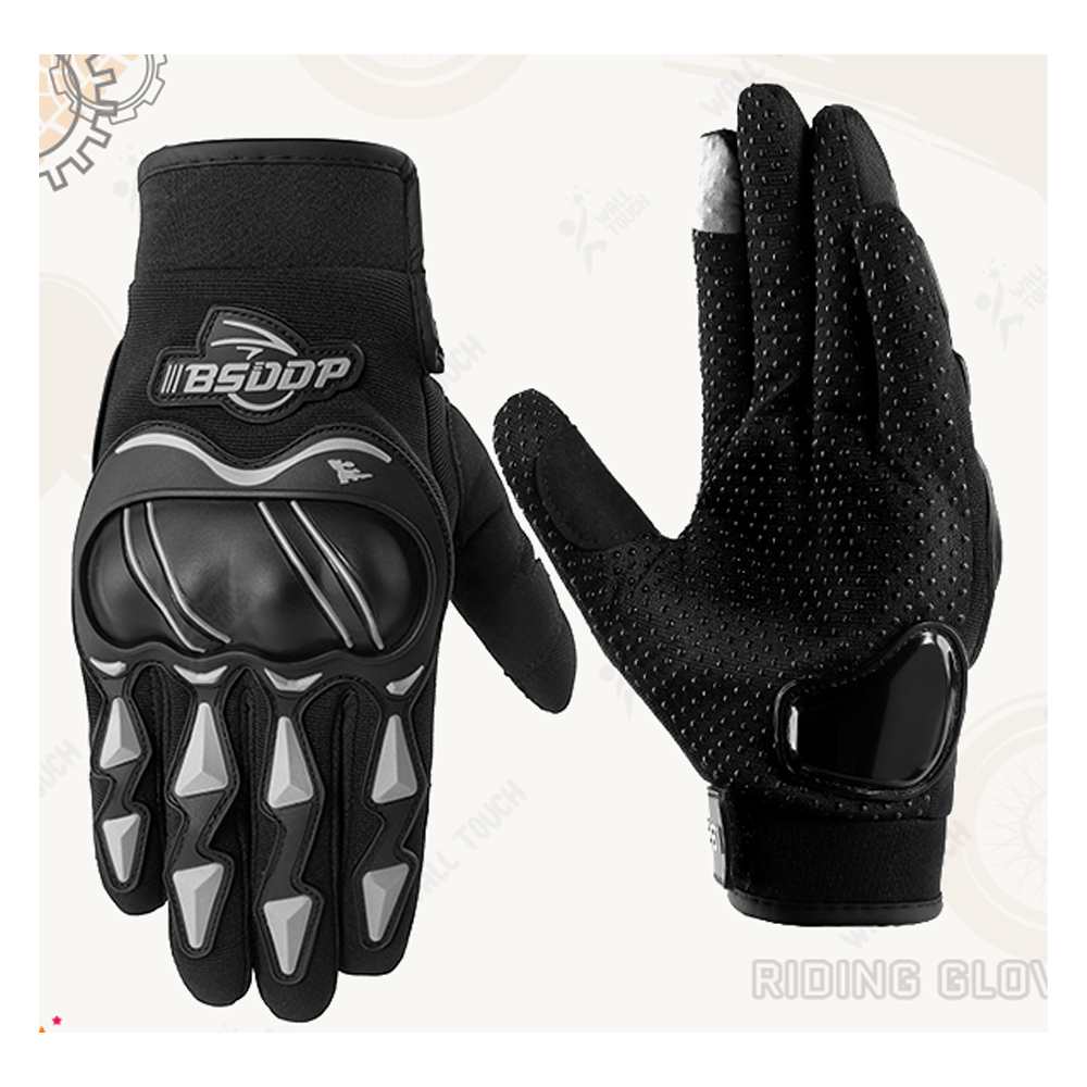 Synthetic Leather Full Finger Sports Racing Gloves With Phone Touch - Black - 341007312