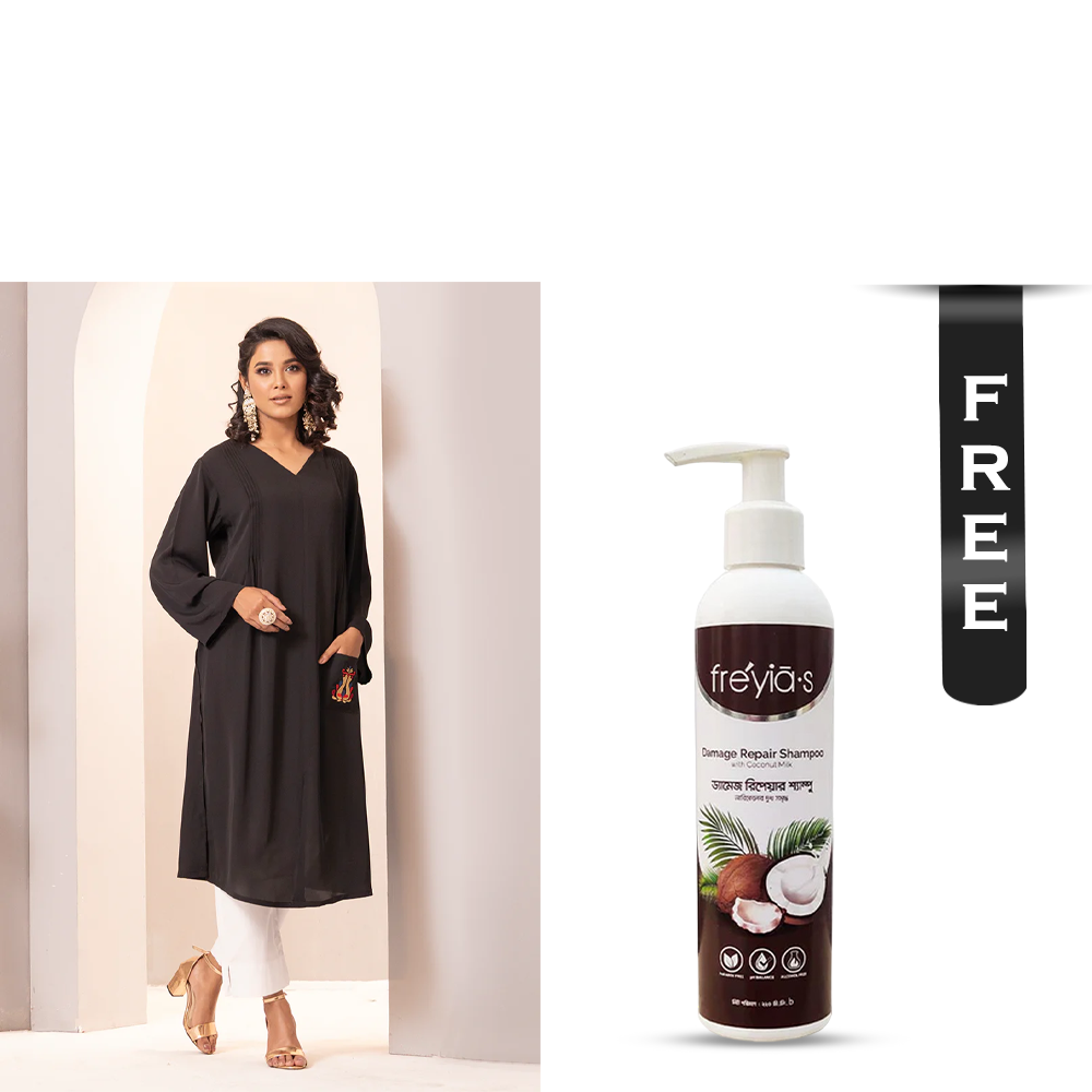 Buy Showstopper Cherry Georgette Kurti for Women - 1223 000295 - Black and Get Freyias Damage Repair Shampoo with Coconut Milk - 220ml Free