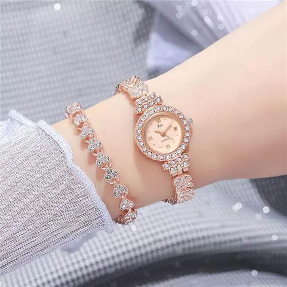 Diamond Bracelet And Analog Watch Set for Women - 2Pcs - Pink