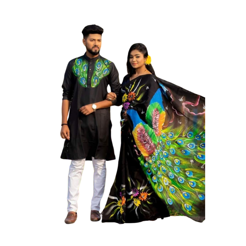 Cotton Silk Saree and Dhupian Cotton Panjabi Couple Dress - Black & Green - SC66