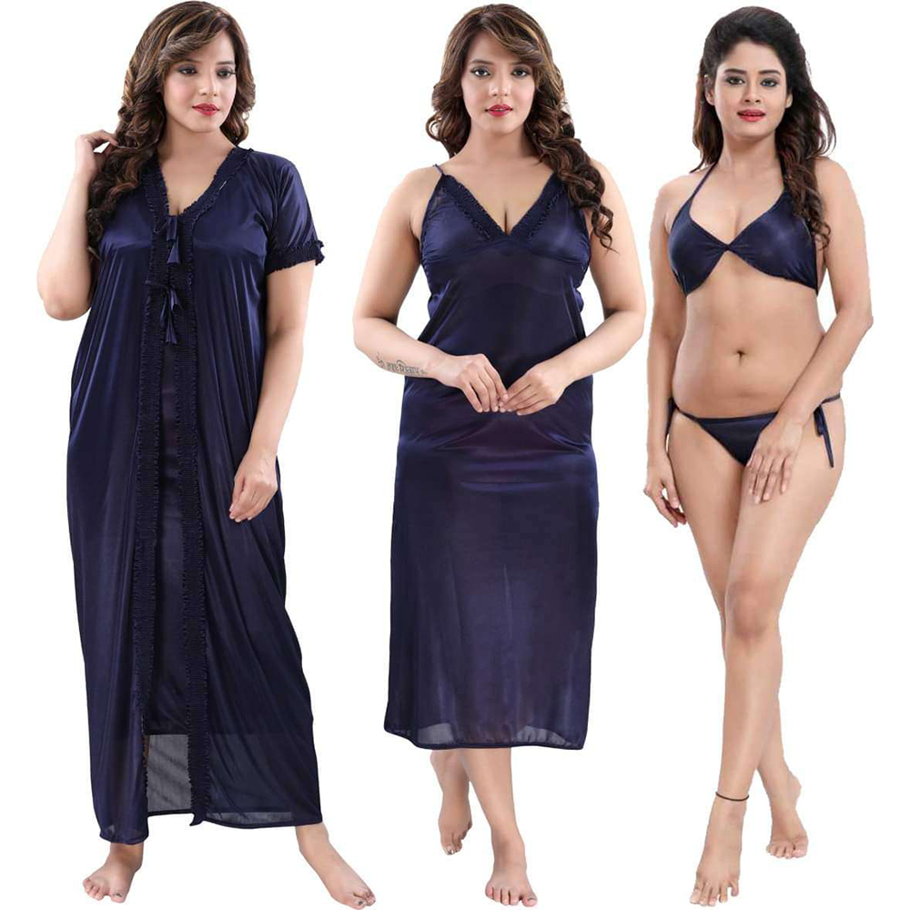 Satin Silk 4 Part Nightwear Girls Night Dress For Women - Multicolor - MZ-601