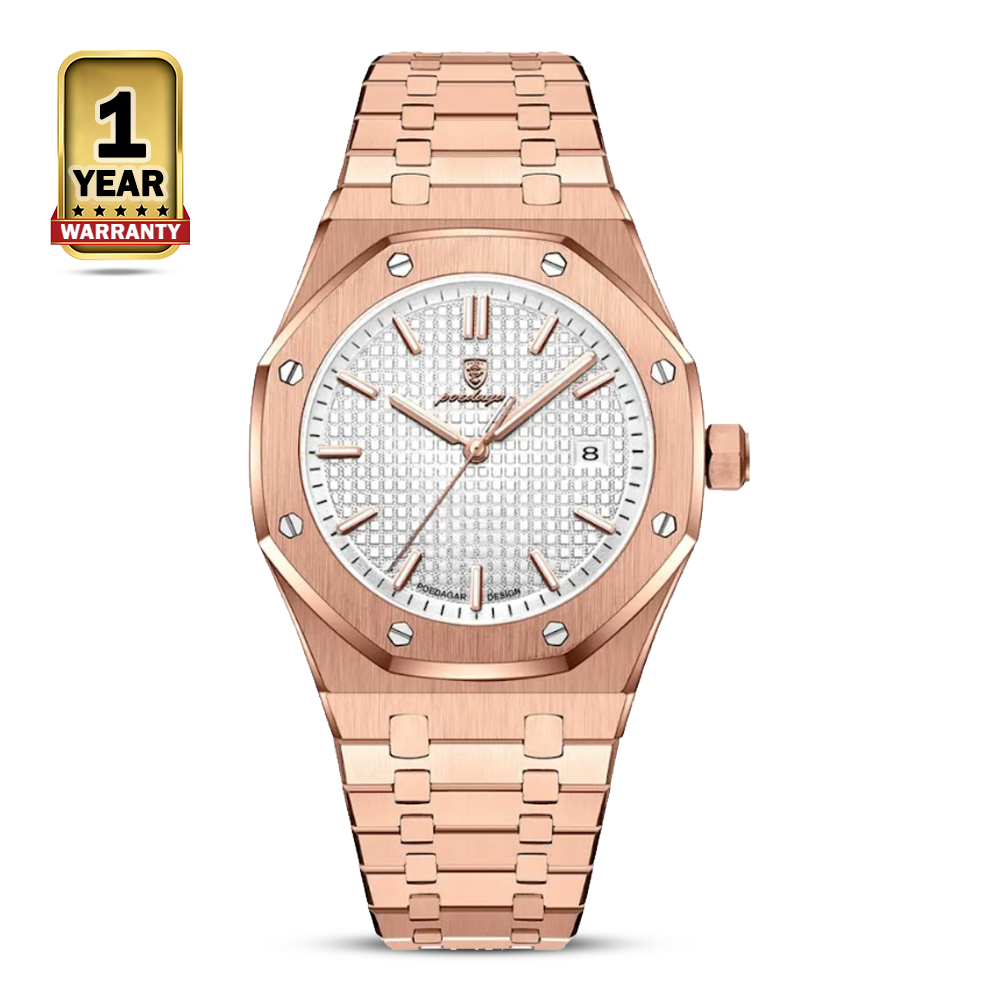 Poedagar 924 Stainless Steel Quartz Watch For Men - Rose Gold and White