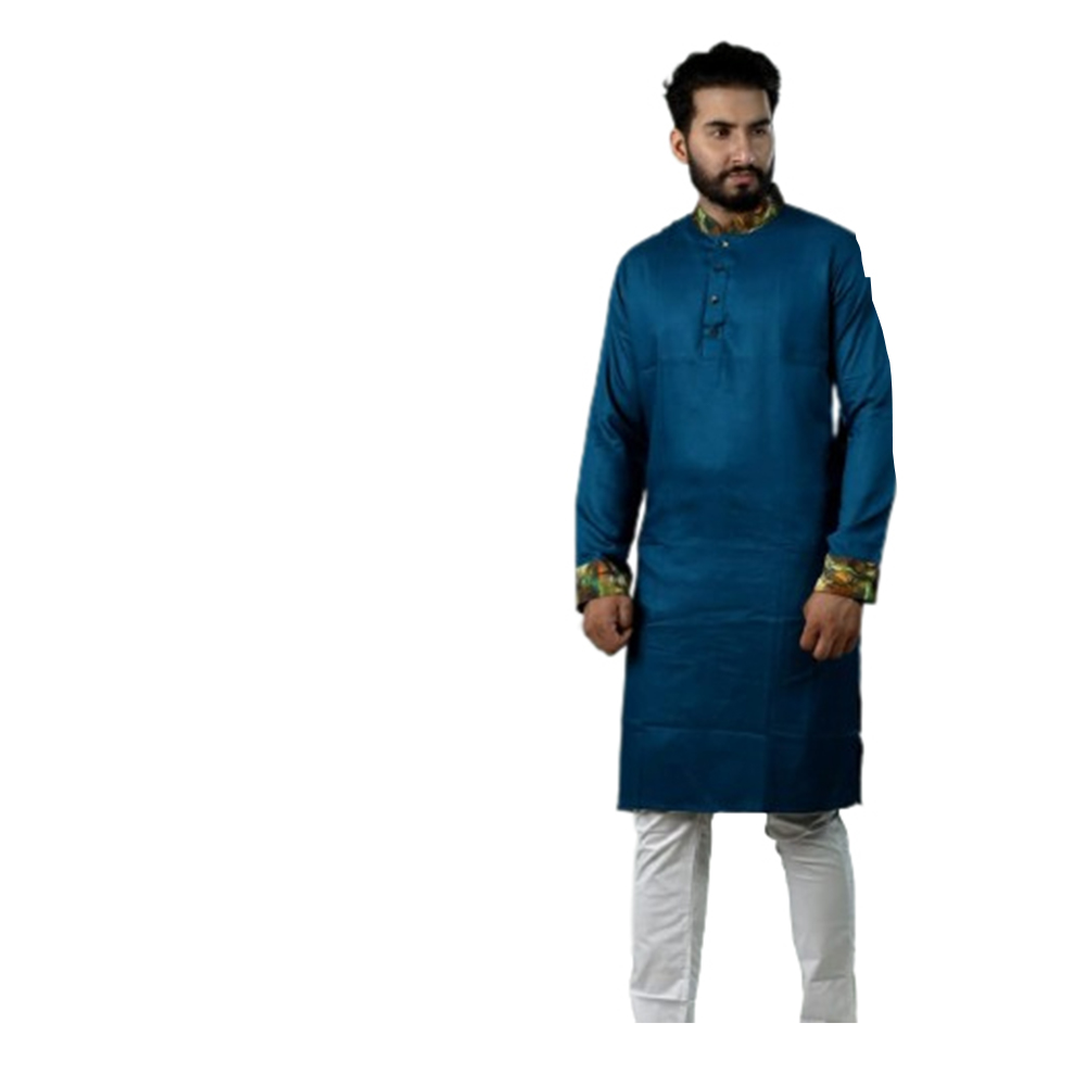 Cotton Digital Print Semi Long Embroidery Panjabi For Men - Blue - PS-08 