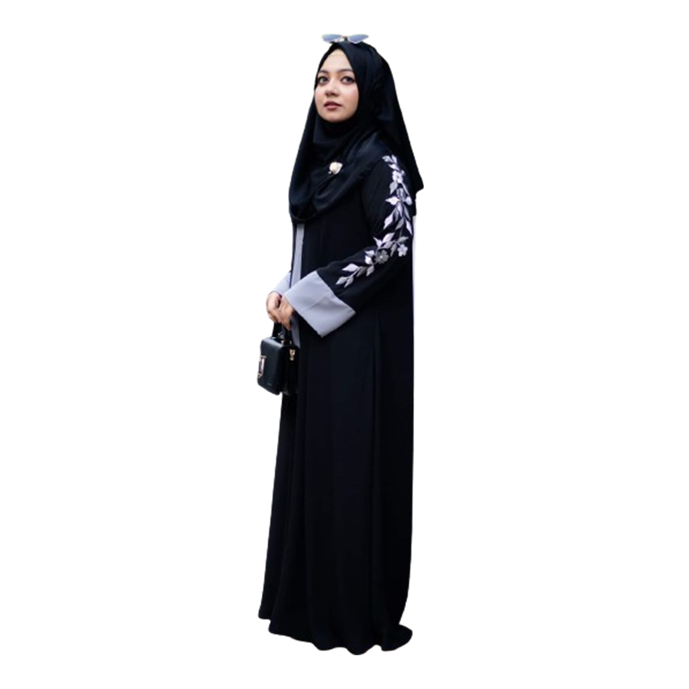 Dubai Cherry Embroidered Ash Leaf Borkha With Hijab - Black