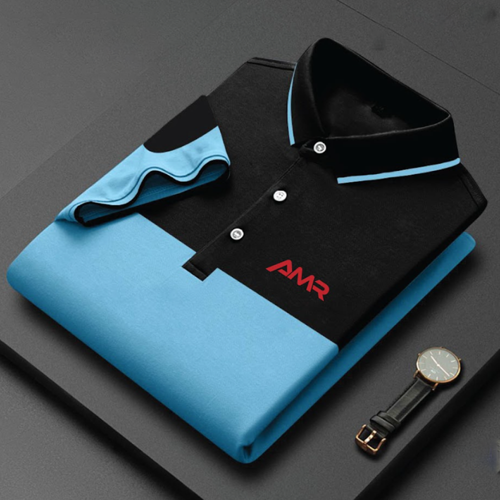 Cotton Half Sleeve Polo For Men - Black And Sky - T-131
