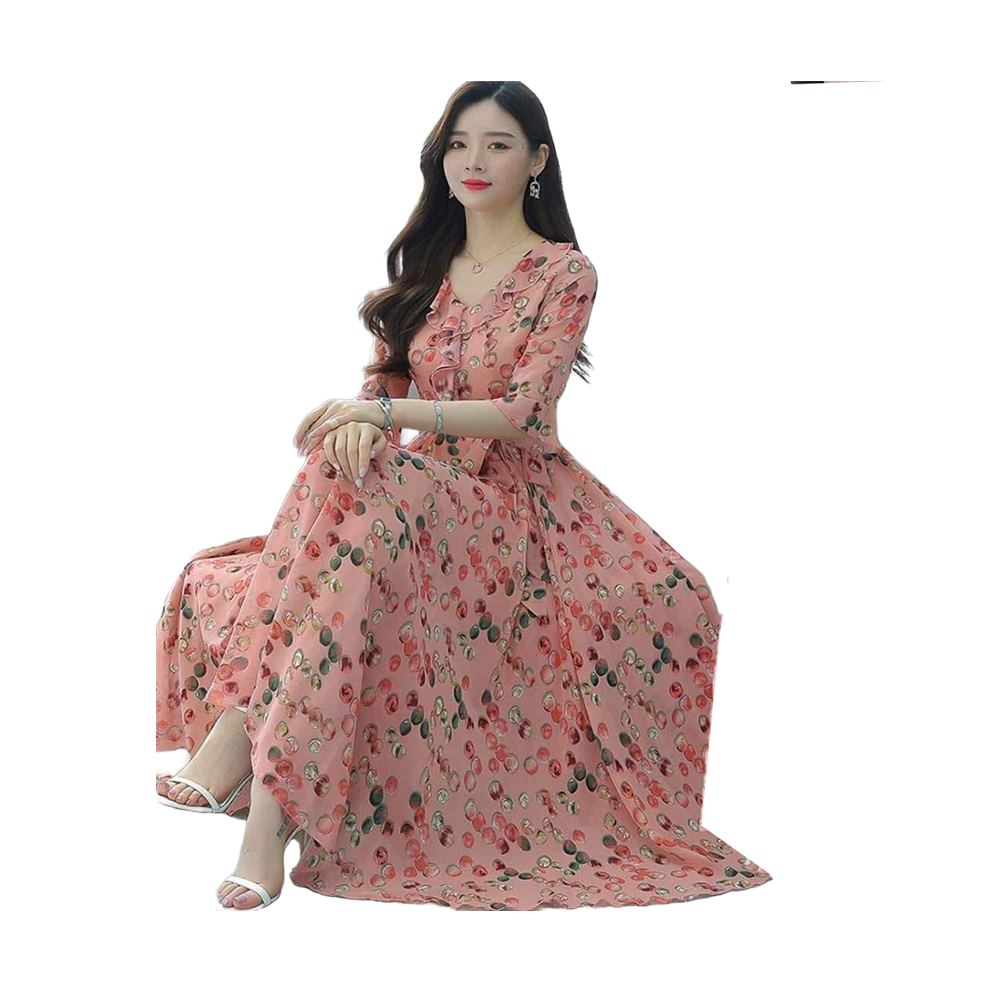 Linen 3D Screen Print Fashionable Long Gown For Women - Salmon - G-M01