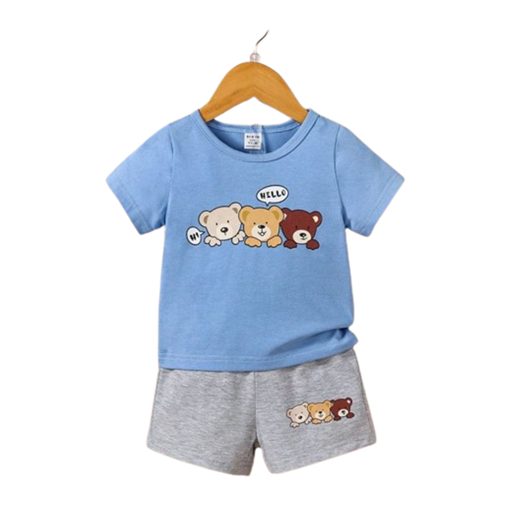 China Cotton T-Shirt and Half Pant Set For Kids - Blue and Light Gray - BM-39