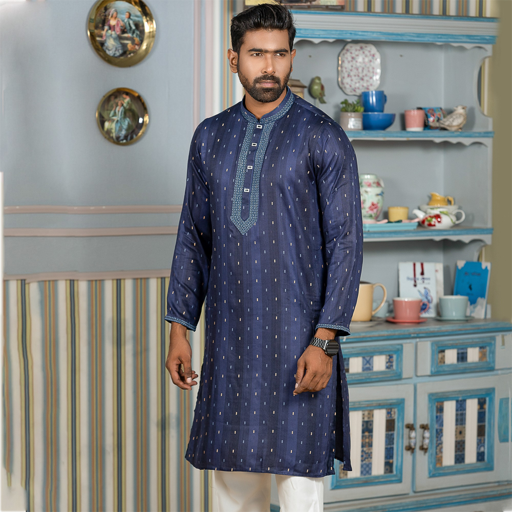 Cotton Panjabi For Men - Navy Blue - 4918