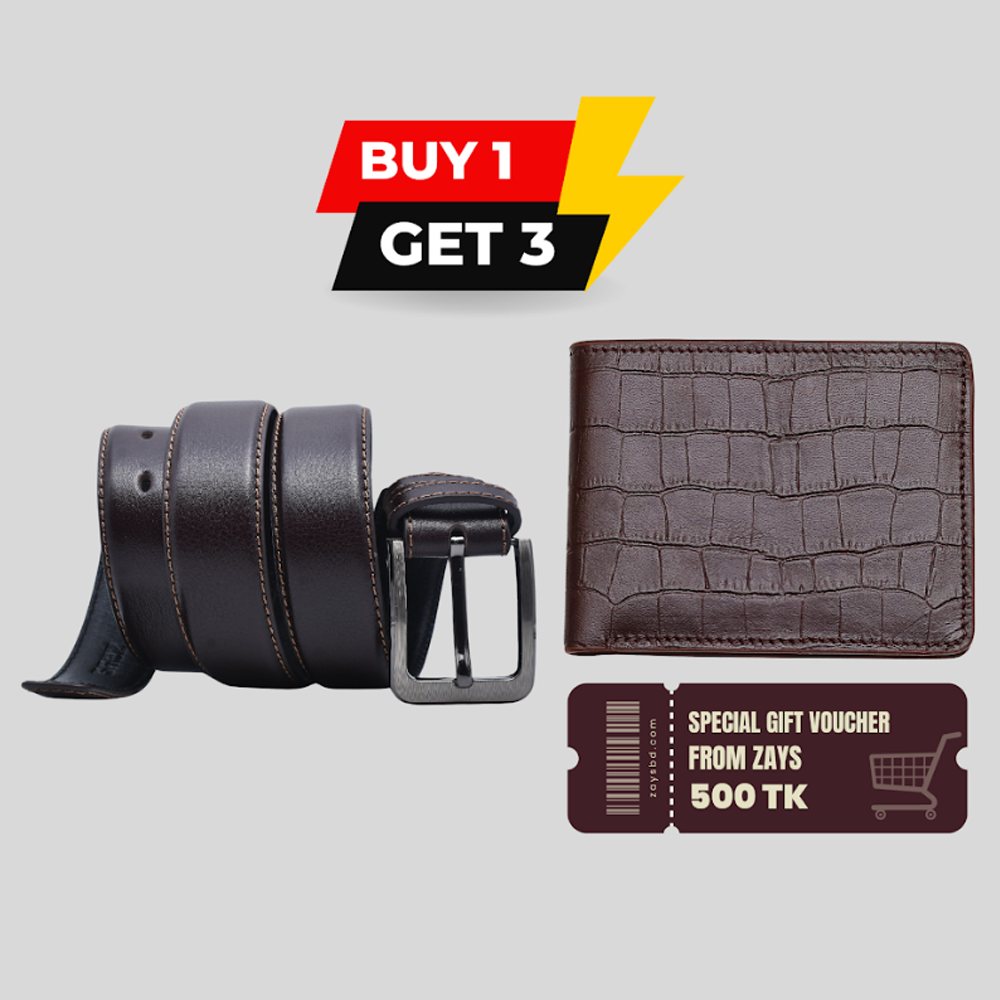 Special B1G3 Offer Buy a Premium Leather Belt and Get Free Wallet - 500 BDT Gift Voucher From Zays - Limited Time Deal - ZB1G3-108 - Chocolate