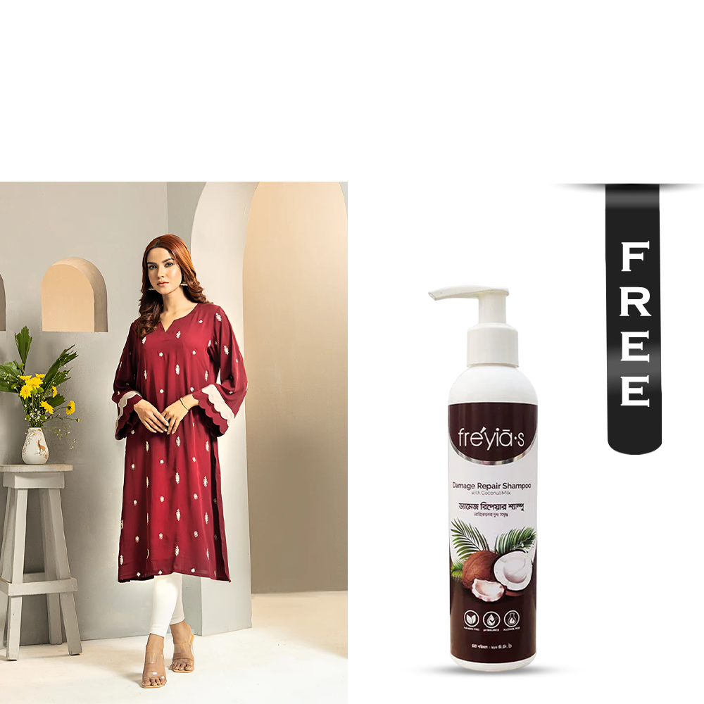 Buy Showstopper Cherry Georgette Kurti for Women - 1223 000289 - Maroon and Get Freyias Damage Repair Shampoo with Coconut Milk - 220ml Free