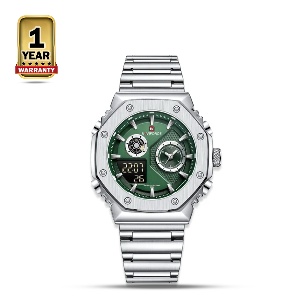 Naviforce NF9216 Silver Stainless Steel Dual Time Watch For Men - Green and Silver