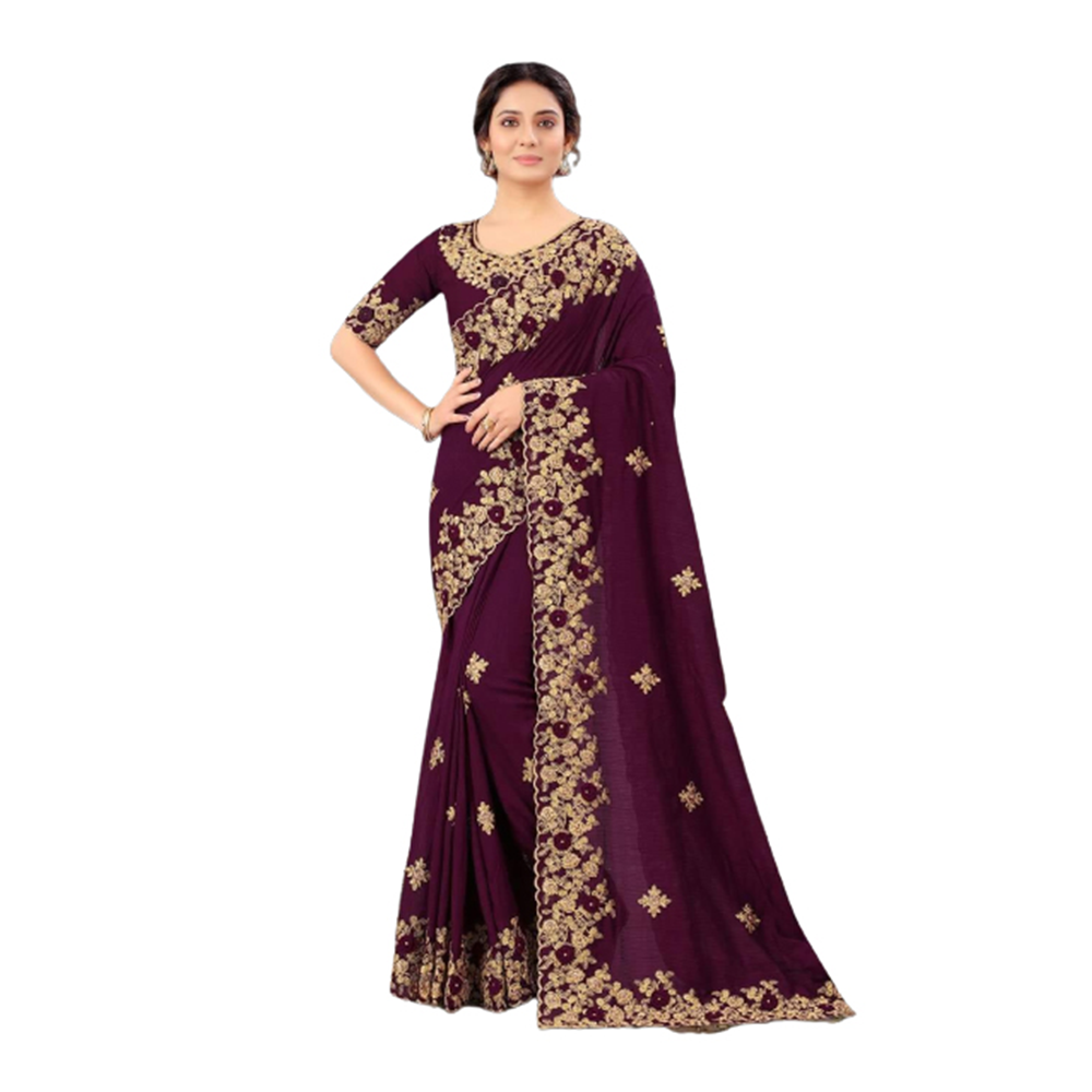 Soft Georgette Embroidery Saree With Blouse Piece For Women - Maroon - SJ-18