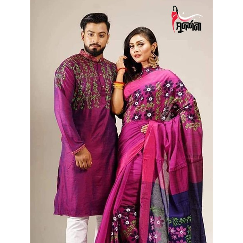 Dhupian Block Print Silk Saree and Dhupian Silk Panjabi for Couple - Multicolor - 0013