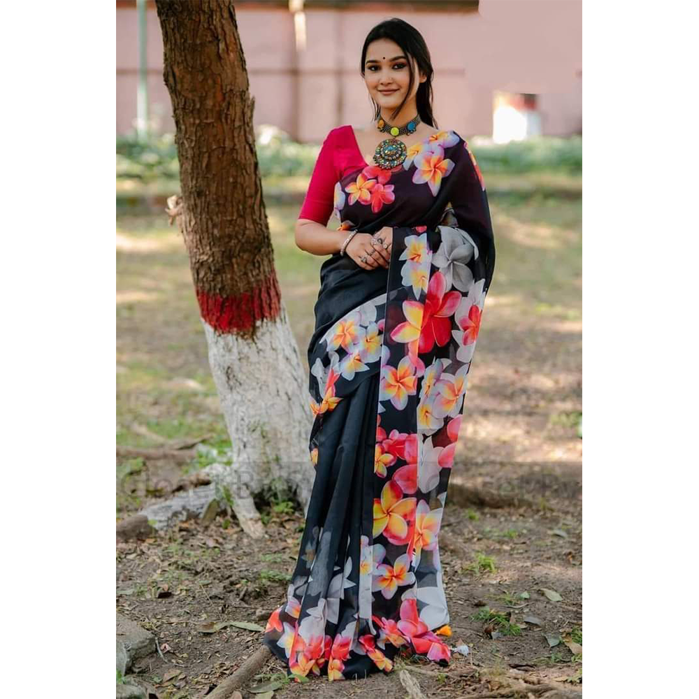 Half Silk Digital Print Saree For Women - Multicolor - NH-103