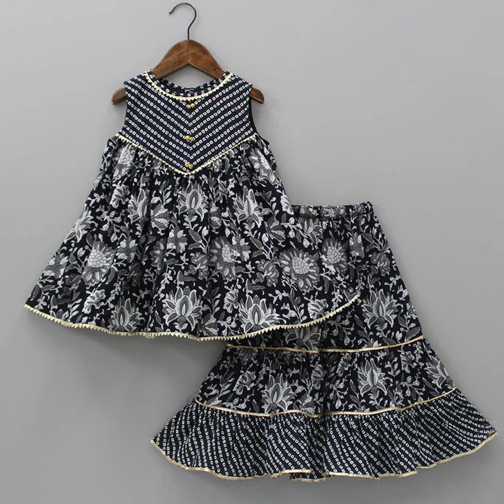 Linen Digital Print Baby Sharara Party Dress for Girls - Black - 1905