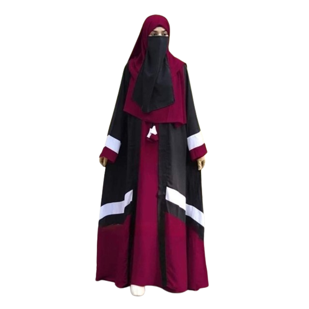 Dubai Cherry Embroidered Rainbow Borkha With Hijab Niqab and Separate Koti - Black and Maroon