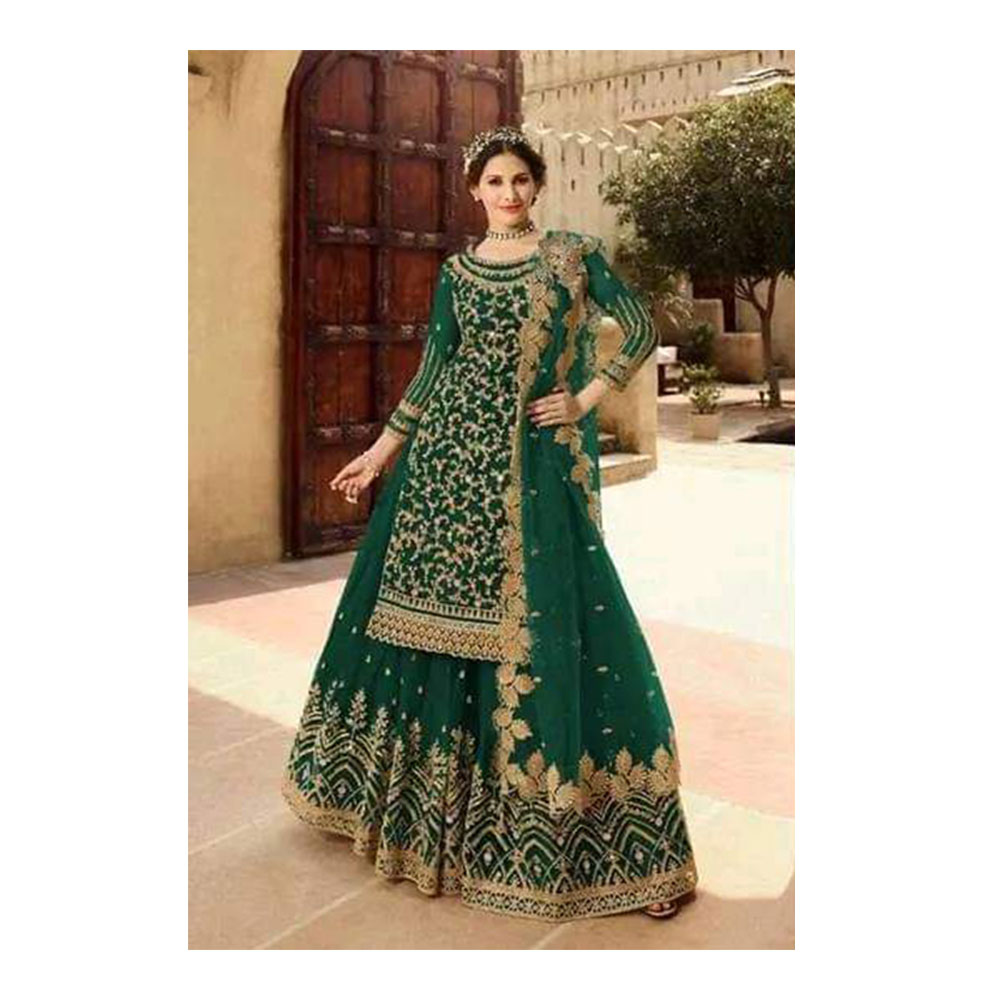 Georgette Semi Stitched Embroidered Party Dress for Women - Green