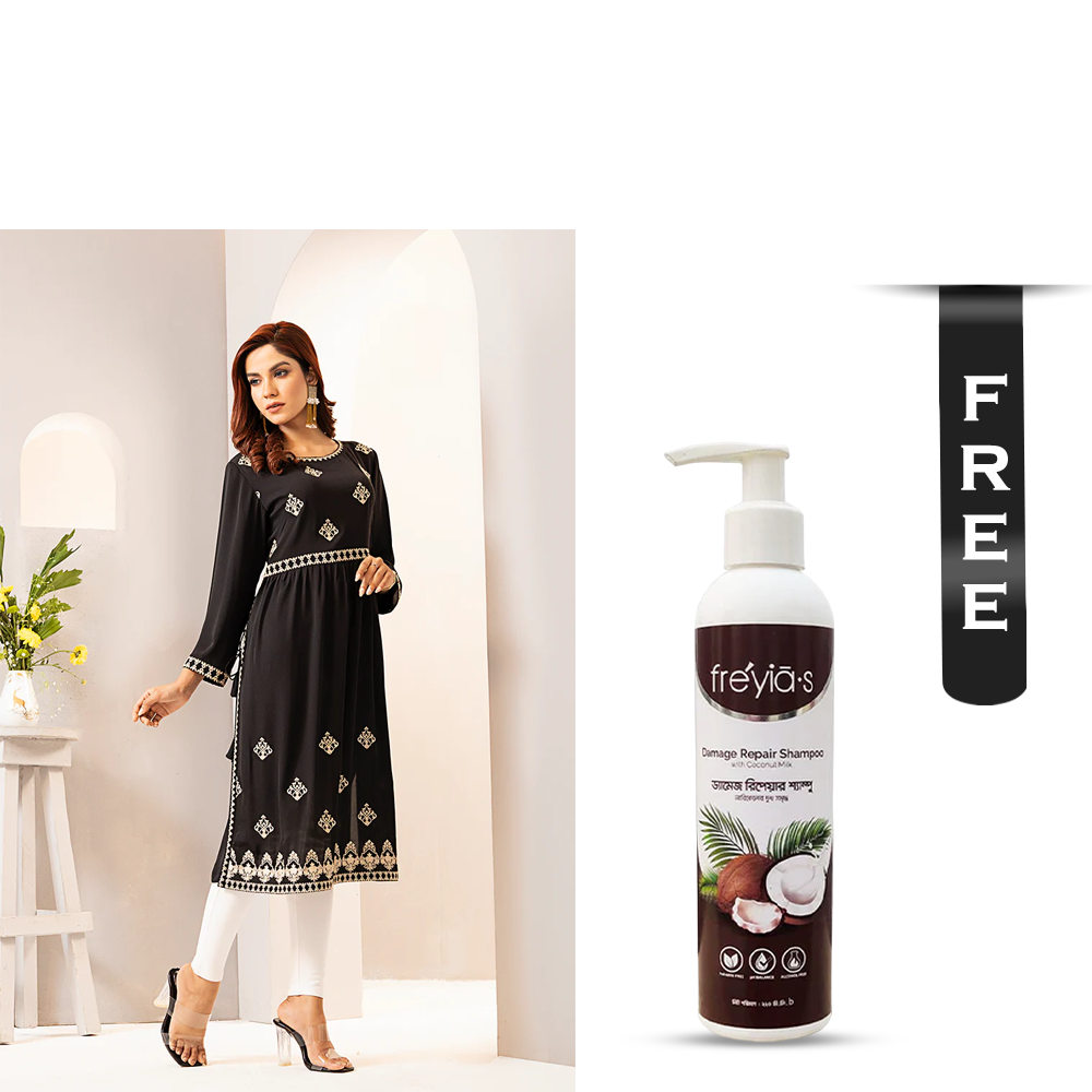 Buy Showstopper Cherry Georgette Kurti for Women - 0224 000301 - Black and Get Freyias Damage Repair Shampoo with Coconut Milk - 220ml Free