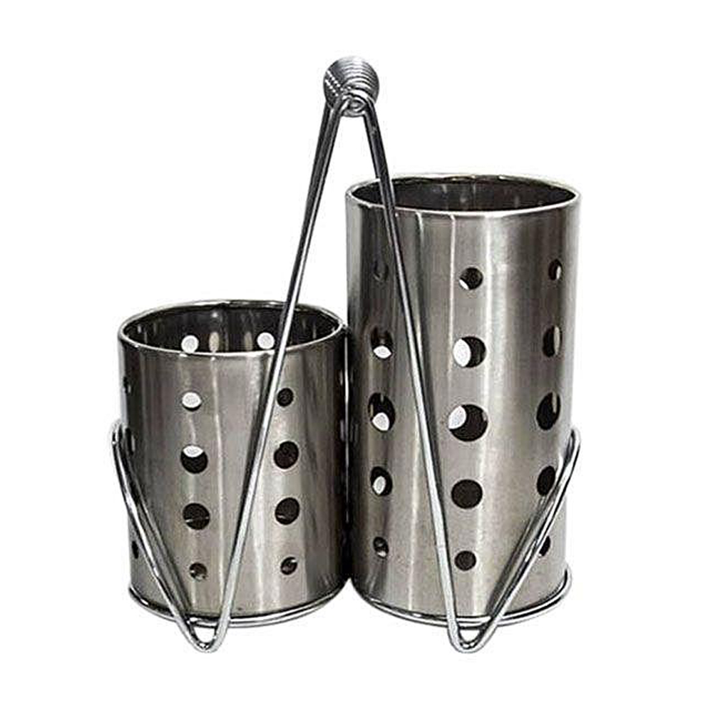 Stainless Steel Round Shape Double Spoon Holder - Silver