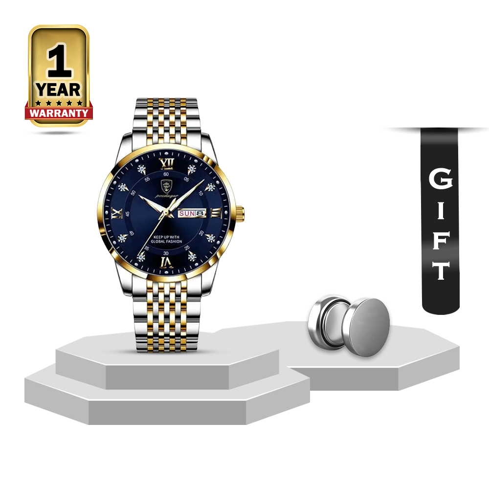 Poedagar 836 Stainless Steel Wrist Watch For Men - Silver Golden and Blue With A Battery Gift