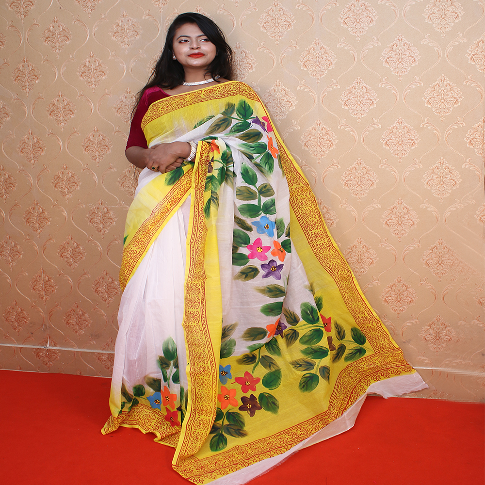 Cotton Half Silk Hand Printed Saree For Women - White and Yellow - Single _ 18