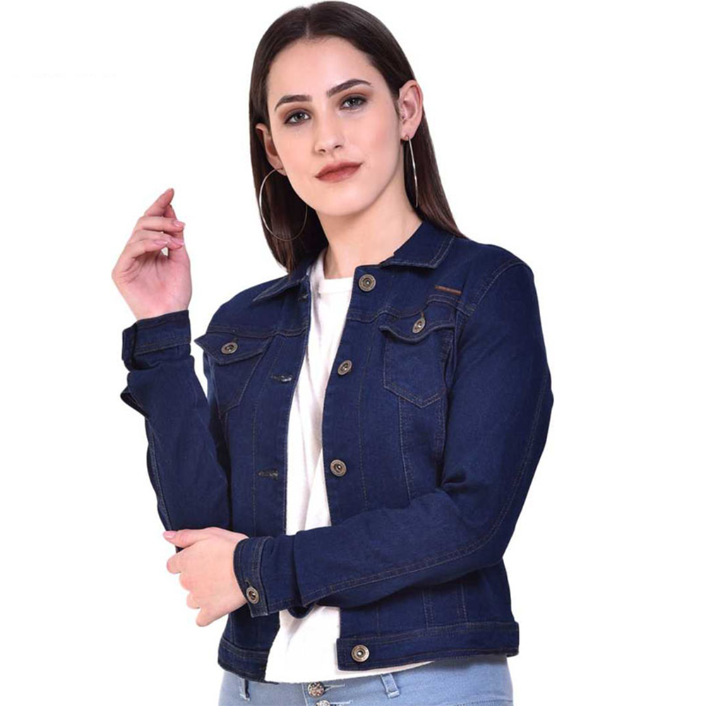 Denim Full Sleeve Winter Jacket For Women - Navy Blue - LJJ-30